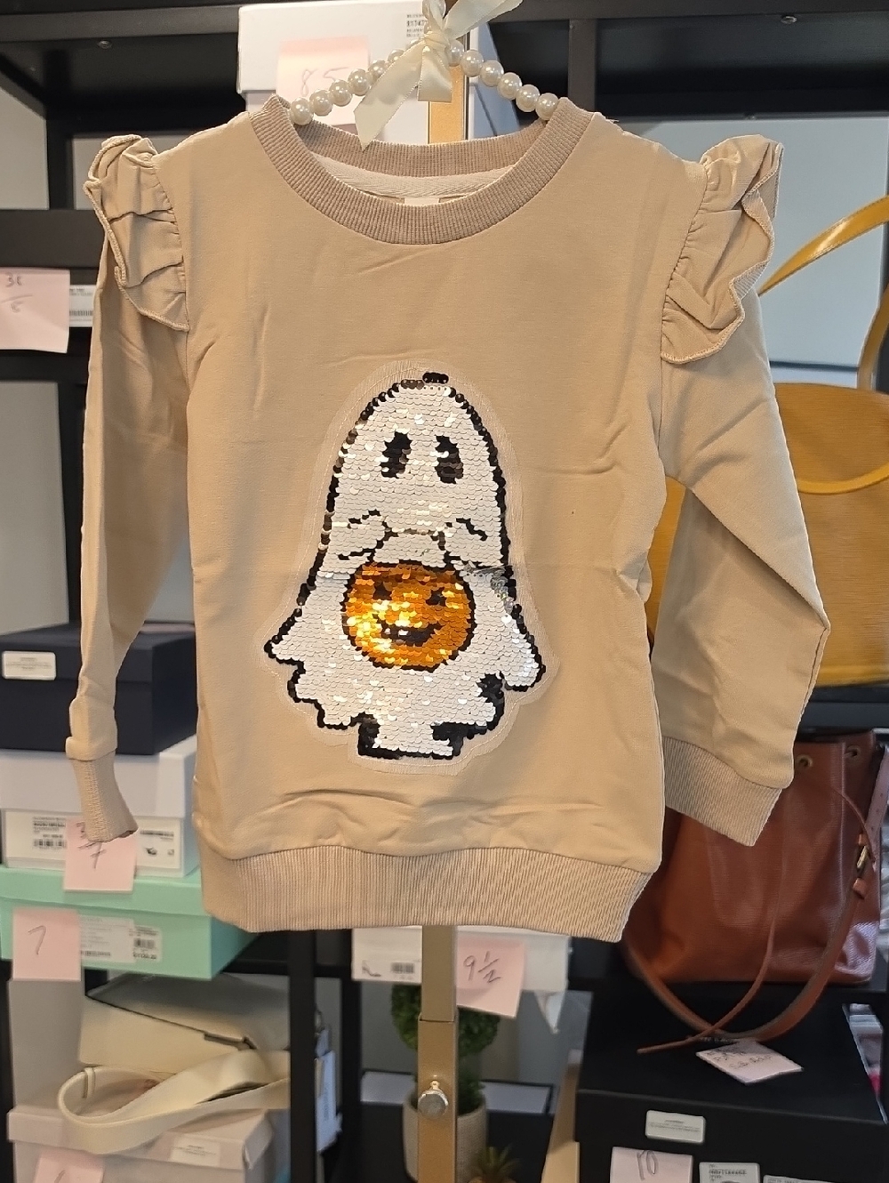 Girls Beige Sequin Ghost Sweatshirt - Kids Tops